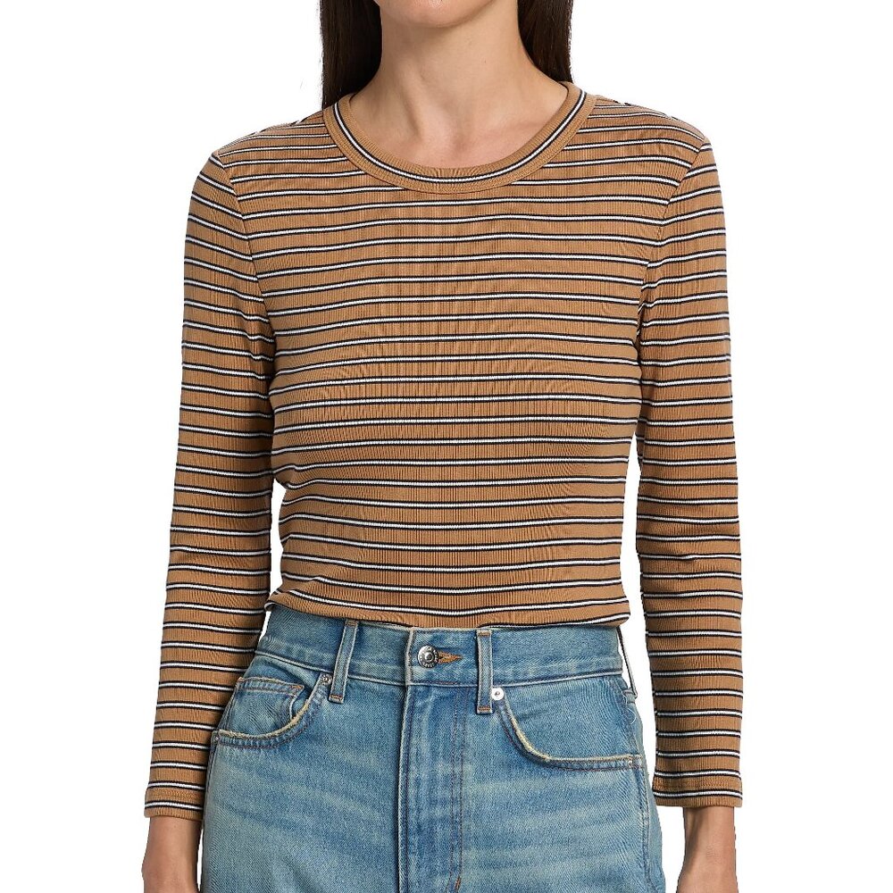 Veronica Beard Pruitt Brown Multi Striped Three-Quarter-Sleeve Shirt